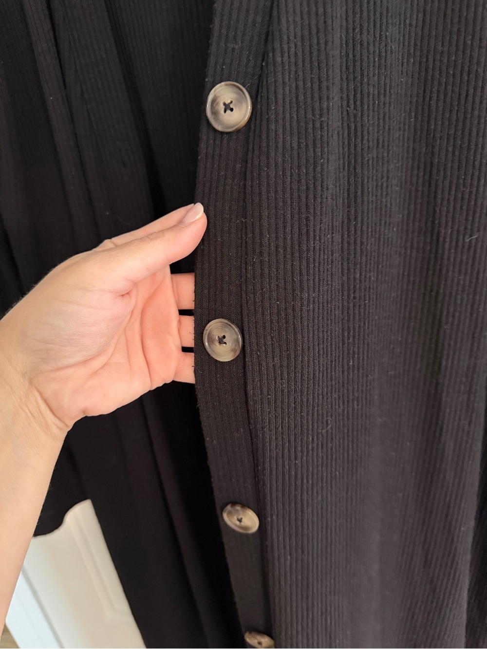 LOFT Long Black Button-Front Ribbed Cardigan - Picture 3 of 5
